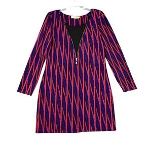 Aryeh Shift Dress Womens Medium Purple Geometric Striped Acrylic Zip Front Retro
